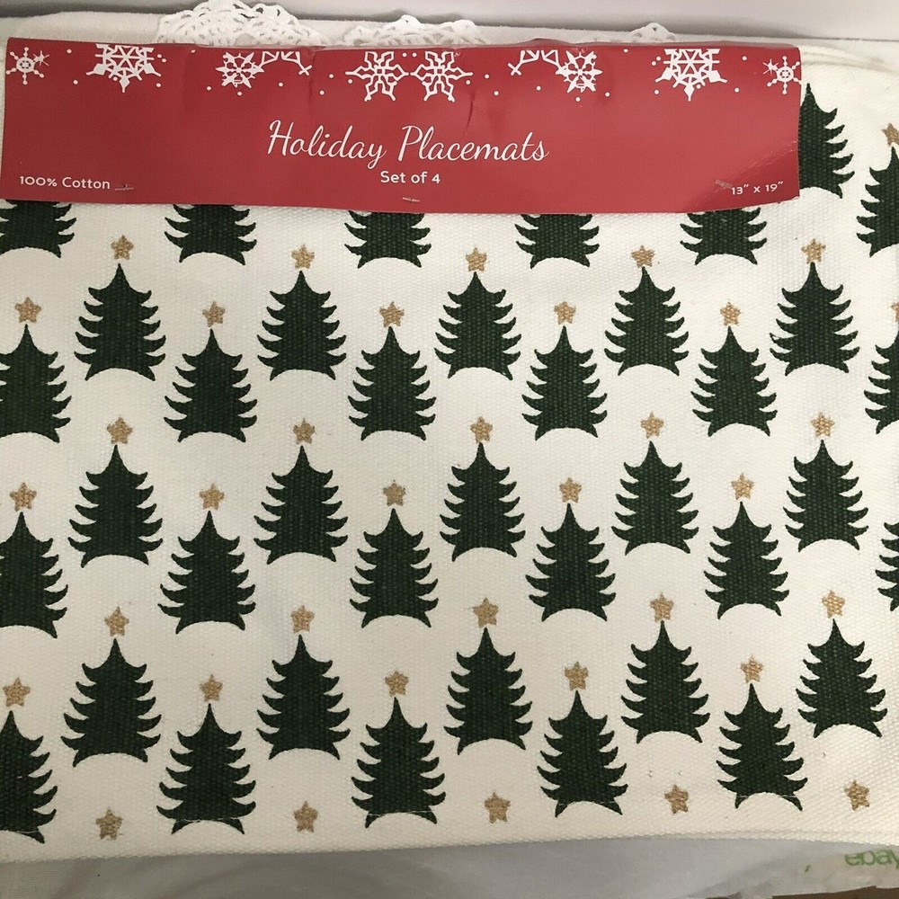 Set Of 4 Christmas Trees & Gold Stars On  White 100% Cotton Background NEW 13x19